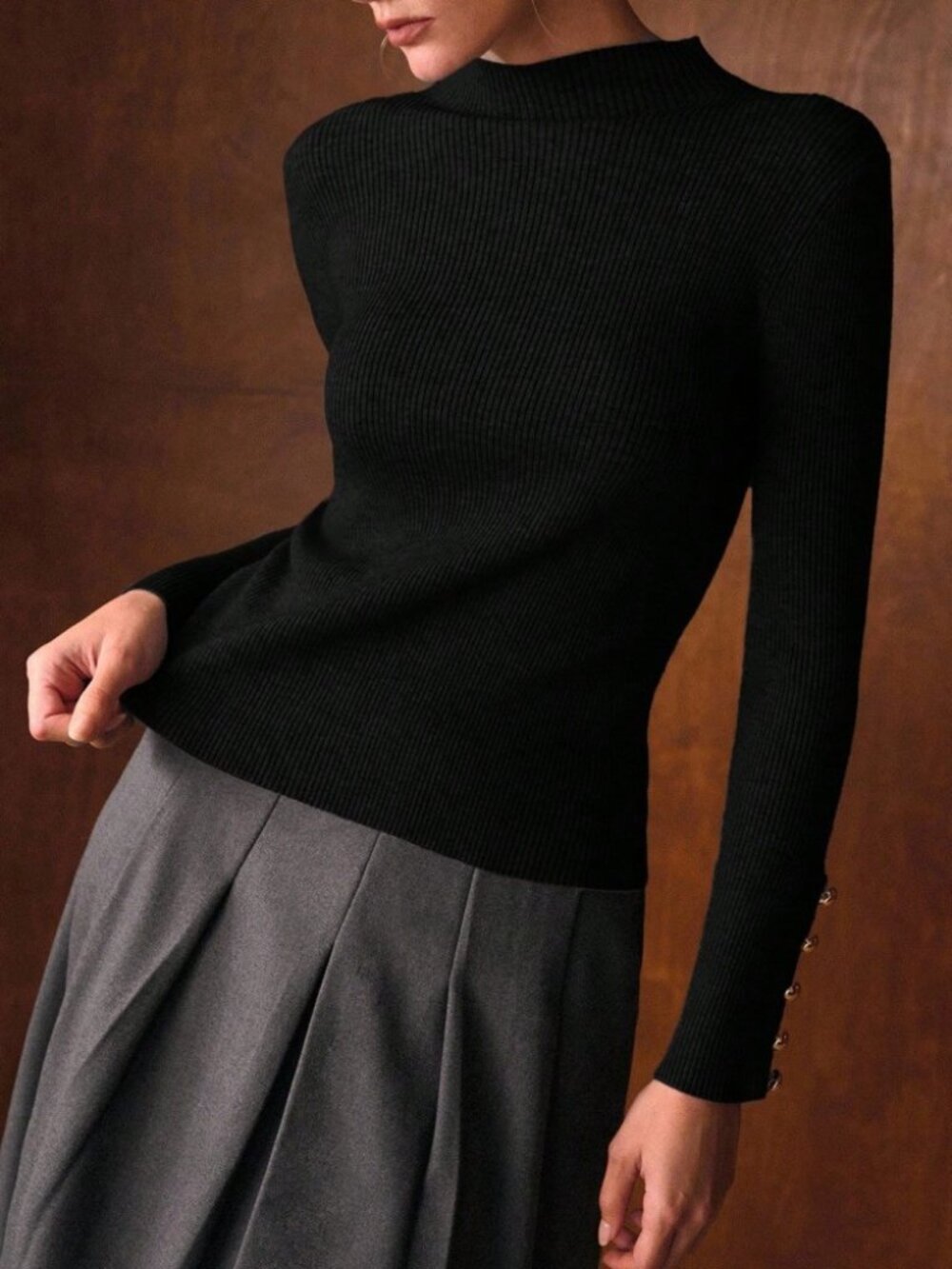 Black Ribbed Knit Button Cuff Mock Neck Sweater